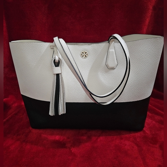 Tory Burch Perry Two-Tone Black and White Large Leather Tote with Tassel - Picture 2 of 16